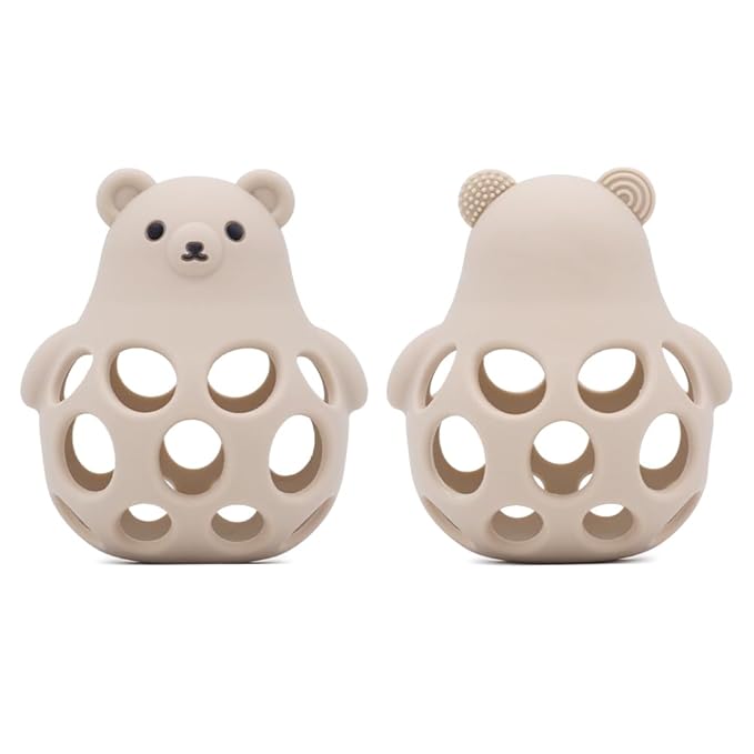 Baby Bear Teething & Stacking Toy Set - Teething Toys Silicone Teethers, Soft Baby Stacker Rings Teether, Learning Toy Gift for Boys and Girls 6+ Months (Beige)
