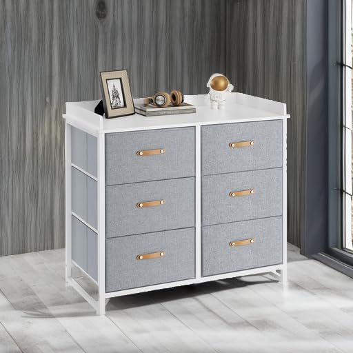 SONGMICS Kids Dresser with 6 Drawers, Boys Girls Dresser, with Water-Resistant Tabletop, Storage Organizer Cabinet, for Bedroom Hallway, Gray UGKR101G01