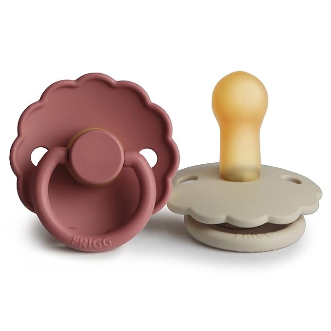 FRIGG Daisy Natural Rubber Baby Pacifier | Made in Denmark | BPA-Free (Powder Blush/Cream, 6-18 Months) 2-Pack