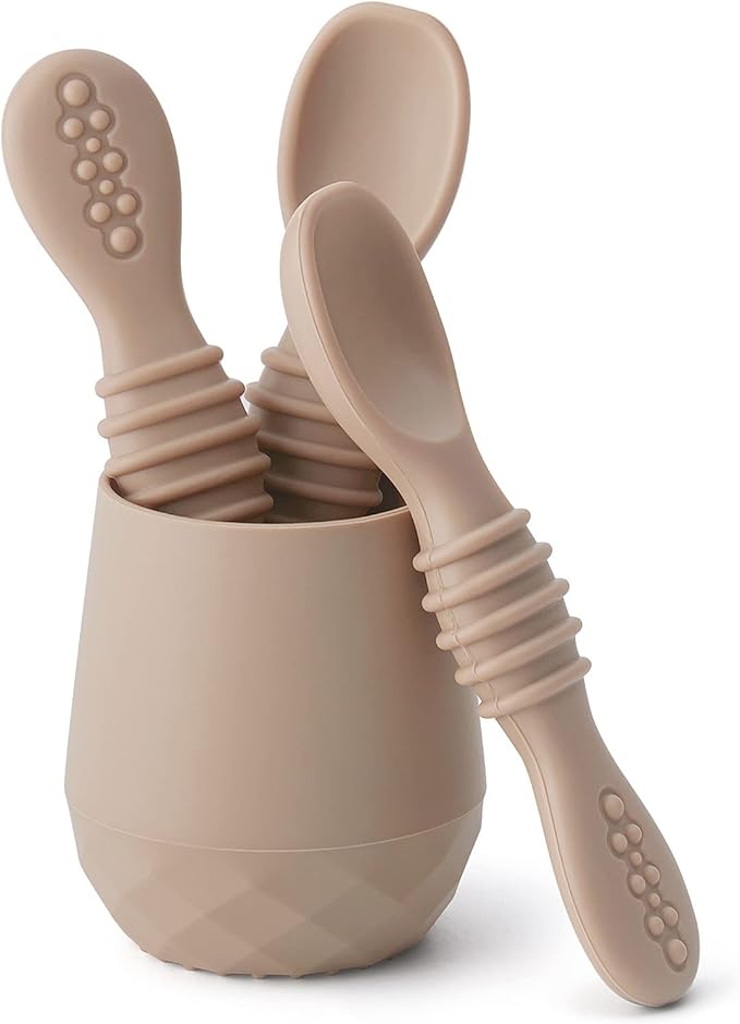 SAMiGO Silicone Baby Utensils - Self Feeding Spoons and Tiny Training Cup - First Stage Baby Led Weaning Supplies for 6 Months+ Infants - Set of 4