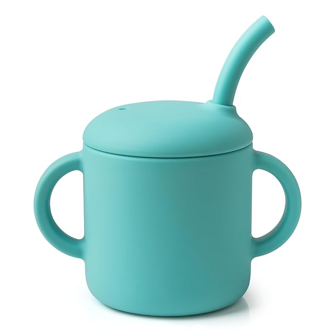 Silicone Baby Cup with Straw, Straw Cup for 6 months+ old, Leak Proof Silicone Baby Training Cup 6 fl oz (Green)