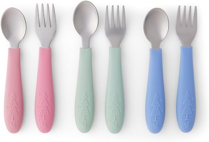 Elk and Friends Kids Silverware with Silicone Handle | Childrens Safe Flatware | Toddler Utensils | Baby Spoons + Forks | Stainless Steel Cutlery