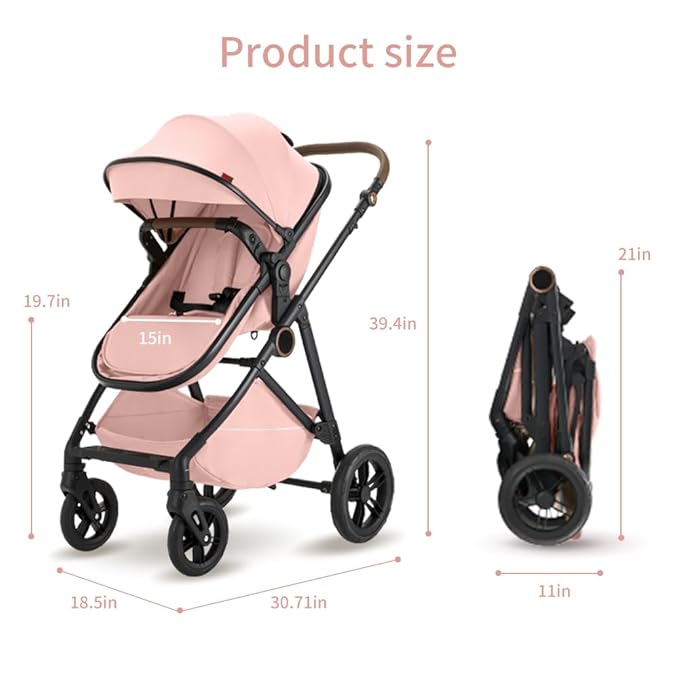 2 in 1 Baby Stroller, High Landscape Infant Stroller Pram Foldable Pushchair with Adjustable Canopy, Storage Basket, Suspension Wheels,5-Point Harness,Mom Bags (Black)