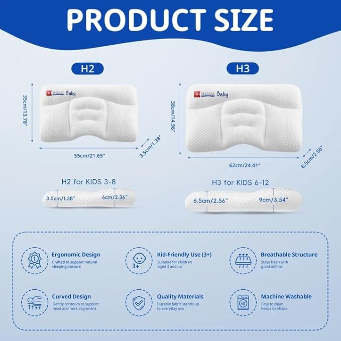 Toddler Pillow with Pillowcase, Breathable & Cozy Machine Washable Kids Pillow with Pillowcase, 21.6x13.8 Ergonomic Children Pillow for Boys and Girls Aged 3-8 (Blue, Height 2)