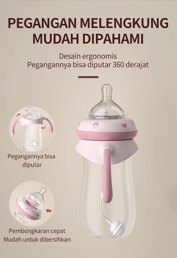Baby Bottles, Weighted Straw Toddler Milk Bottles with Non-Slip Handle, Size + Variable Fast Flow, 12+ Months, BPA-Free, Pink/2Pack/9oz
