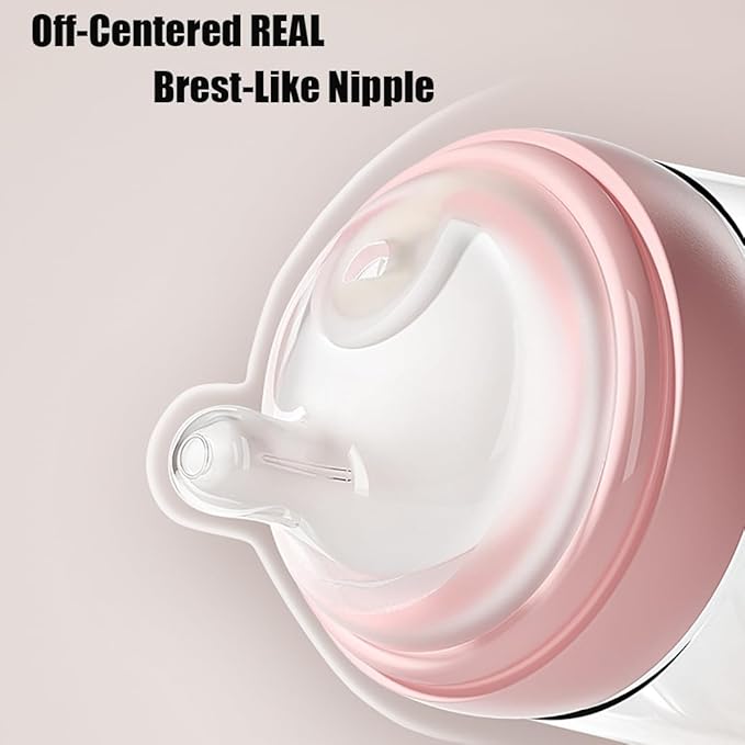 Baby Bottles with Slow Off-Centered Nipple for 0+ Months, Anti Colic Newborn Milk Feeding Bottle, 150ml/5oz/Pink/2Pack