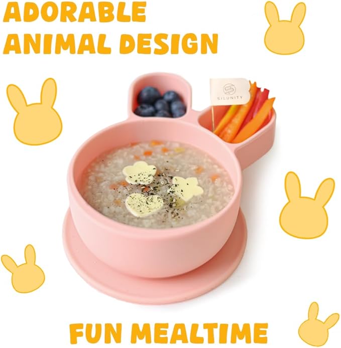 Baby Plates with Suction - Self-Feeding Tools for Baby - Made in Korea - Suction Plates Feeding Essentials - Ideal Baby Food Plates - Perfect Design for Toddlers (Gray, Rabbit)