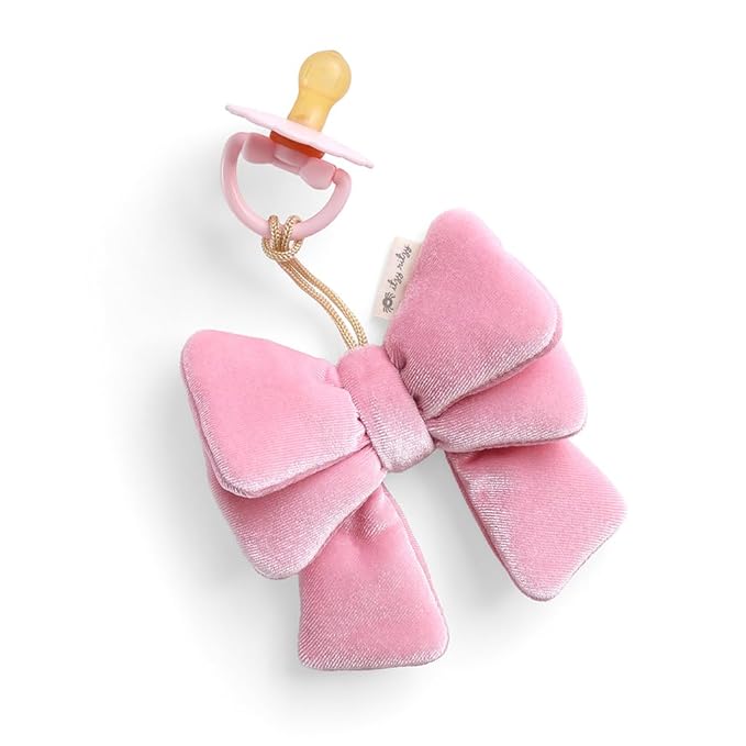 Itzy Ritzy Pacifier & Lovey Set - Natural Rubber Paci with Stuffed Animal Lovey - Detachable Velour Bow Pacifier Holder & Coordinating Natural Rubber Soother, Ideal for Ages 0-6 Months (Bow)