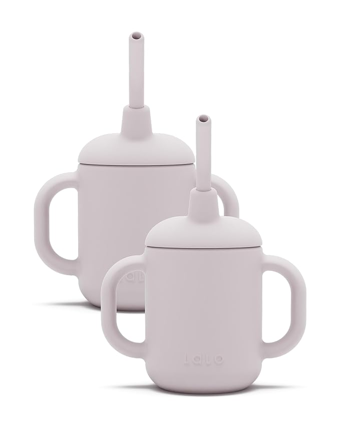 Lalo Little Cup 2-Pack, Non-Toxic Silicone Straw Cup with Handles - Baby and Toddler Sippy Cup - Mini Cup and Straw Training System, 4oz, Lavender