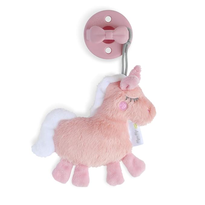 Itzy Ritzy Pacifier & Lovey Set - Includes Silicone Pacifier with Stuffed Animal Lovey - Detachable Plush Unicorn Binky Holder & Coordinating Pink Silicone Binky Ideal for Ages 0 Months & Up