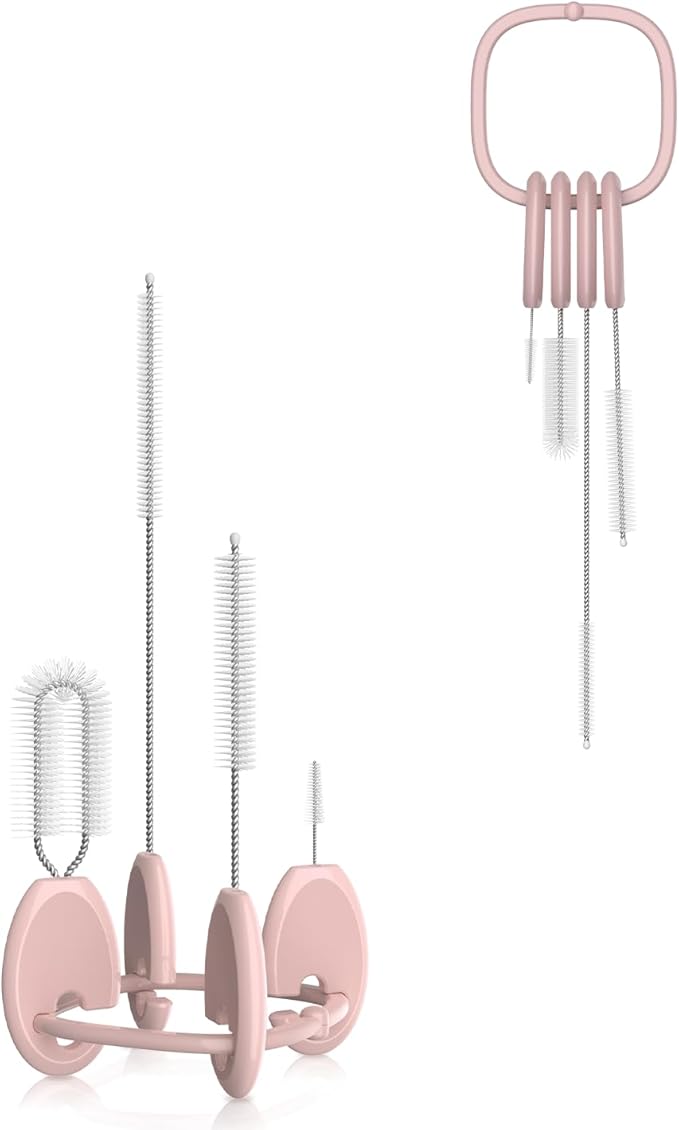 YOTIME Standing Straw Cleaner Brush Set, 4in1 Reusable Straw Brushes with Holder Ring, for Baby Bottles, Sippy Cups and Lids, Pink