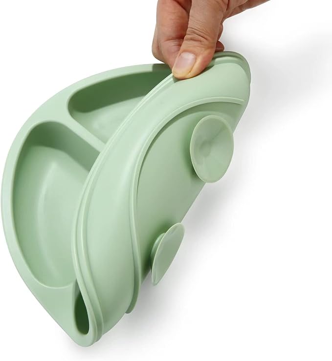 PandaEar Silicone Baby Feeding Set| 2 Pack Silicone Divided Suction Plate and 2 Pack Tiny Cup with 2 Spoons 2 Forks| Baby Led Weaning Supplies Self Feeding Eating Utensils (Blue/Green)