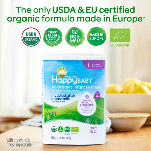 Happy Baby Organics Stage 1 A2 Infant Formula, 0 12 Months, Milk Based Organic Baby Formula Powder with A2 Milk, Probiotics & Prebiotics for Immune & Digestive Support, 22.9 Ounce (Pack of 3)