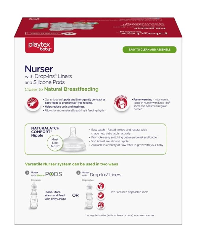 Playtex Baby Nurser Newborn Gift Set with Drop-Ins Bottle Liners, Closer to Breastfeeding, 4 Bottles (2x4 Oz, 2x8 Oz), Liners and PODS, 2 Binky Pacifiers, Bottles for Newborn and Breastfeeding Babies