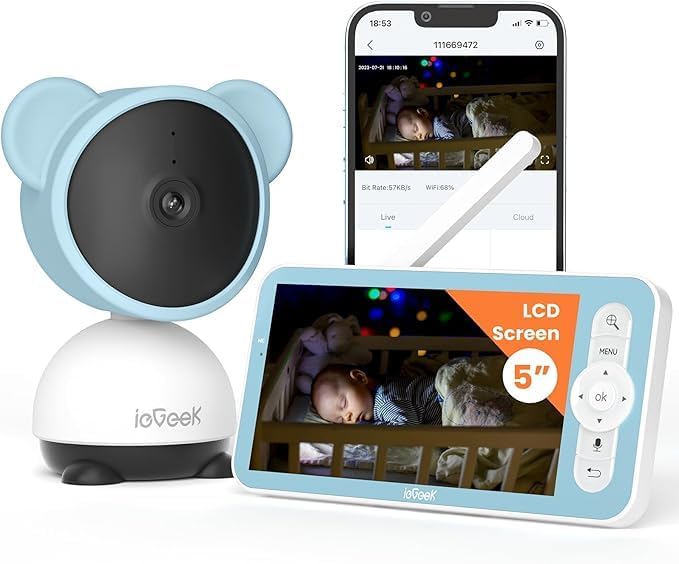 ieGeek 1080p Baby Monitor with Night Vision, 5" LCD Screen&Phone App Control, PTZ, 3000mAh Battery, Automatic Tracking, Cry&Motion Detection, Feeding Reminder, 2 Way Audio, Baby Gift