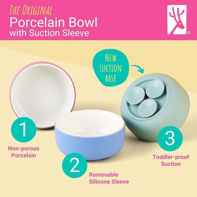 Elk and Friends Kids Porcelain Bowls with Silicone Suction Sleeve + Silicone Lid | Kids/Toddler/Baby Feeding | Microwave & Dishwasher Safe | Non slip | Cereal/Soup/Snack Dishes & Dinnerware