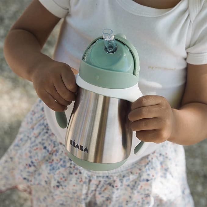 Beaba Stainless Steel Straw Sippy Cup, Insulated Toddler Cups Spill Proof with Removable Handles, Made with High Grade Stainless Steel, 8+ Months, 8 oz (250mL), (Sage)