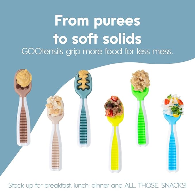 NumNum Baby Spoons Set, Feeding Littles x Silicone Pre-Spoon GOOtensils for Baby Led Weaning, Self-Feeding & Teething, First Stage Toddler Utensils for Ages 6+ Months, 6-Pack, BPA-Free (Neutral/Neon)