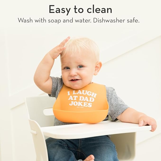 Baby Bib for Eating by Bella Tunno, Waterproof Silicone Bib with Large Food Catcher, Adjustable Fit for Babies 4-12 months & Toddlers 1-3 Years, Boys & Girls, I Laugh At Dad Jokes
