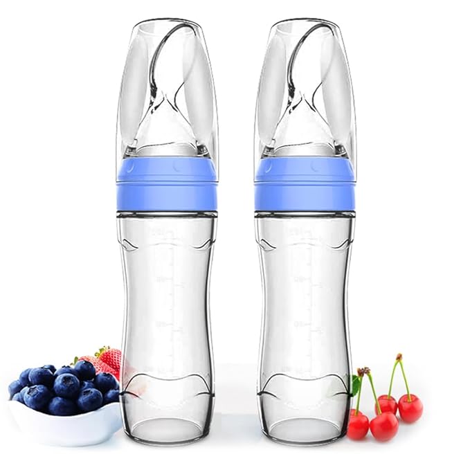 Matyz 2 PCS Silicone Baby Food Dispensing Spoon (Blue, 4oz/120ml) Squeeze Feeder with Spoon - Spoon Bottle for Baby - Baby Spoon Feeder Bottle Baby Solid Food Feeder - Ideal for 4 Months+ Babies