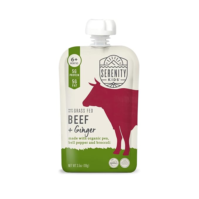 Serenity Kids 6+ Months Baby Food Pouches Puree Made With Ethically Sourced Meats & Organic Veggies | 3.5 Ounce BPA-Free Pouch | Grass Fed Beef & Ginger, Pea, Bell Pepper, Broccoli | 1 Count