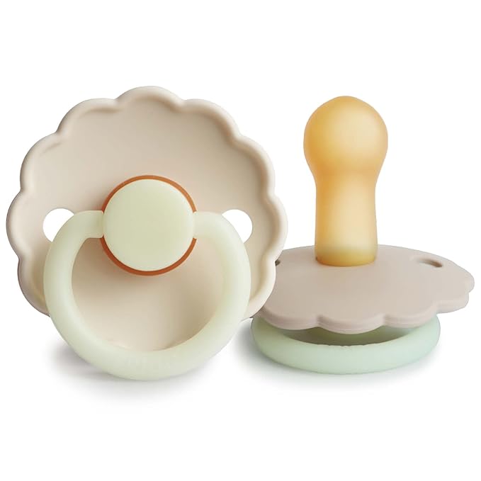FRIGG Daisy Night Natural Rubber Baby Pacifier | Made in Denmark | BPA-Free (Croissant/Cream, 6-18 Months) 2-Pack