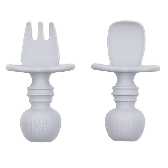 Bumkins Baby Utensils Set, Chewtensils Silicone Spoons for Dipping, Self-Feeding, Baby Led Weaning, Trainer Learning, First Stage Eating, Soft Practice Fork and Spoon, Babies 6 Months, Gray