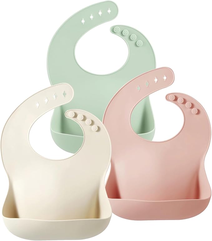 PandaEar Silicone Baby Bibs Set of 3 for Toddlers, BPA Free Waterproof Adjustable Feeding Bib with Large Pocket Food Catcher