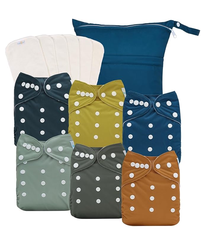 Babygoal Baby Reusable Neutral Cloth Diapers, One Size Adjustable Washable Pocket Nappy Covers 6 Pack+6pcs Rayon from Bamboo Inserts+Wet Bag 6FN39
