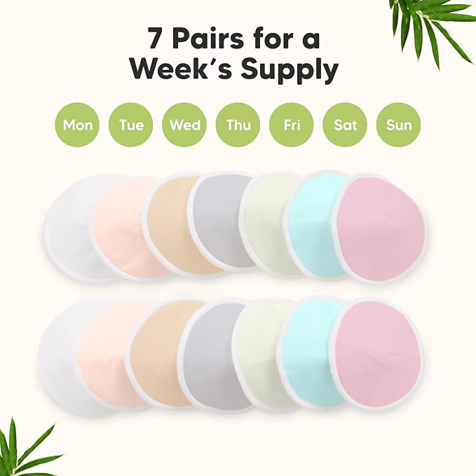 Organic Nursing Pads - 14 Washable Viscose Derived from Bamboo Breastfeeding Pads, Wash Bag, Reusable Breast Pads for Breastfeeding, Nipple Pads for Breastfeeding Essentials(Pastel Touch, M 3.9")