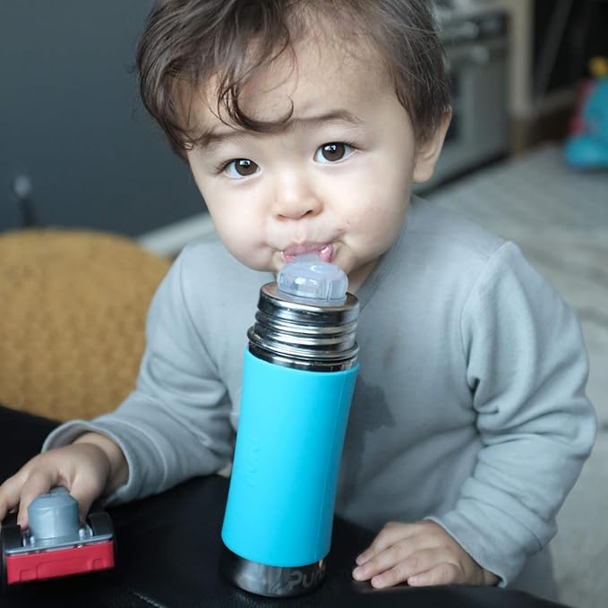 Pura Kiki 11oz/325ml Stainless Steel Straw Bottle w/Sleeve - 100% Plastic-Free, MadeSafe Certified, 100% Medical-Grade Silicone Straw for Kids, Toddlers, Preschoolers, Babies & Infant - New Aqua