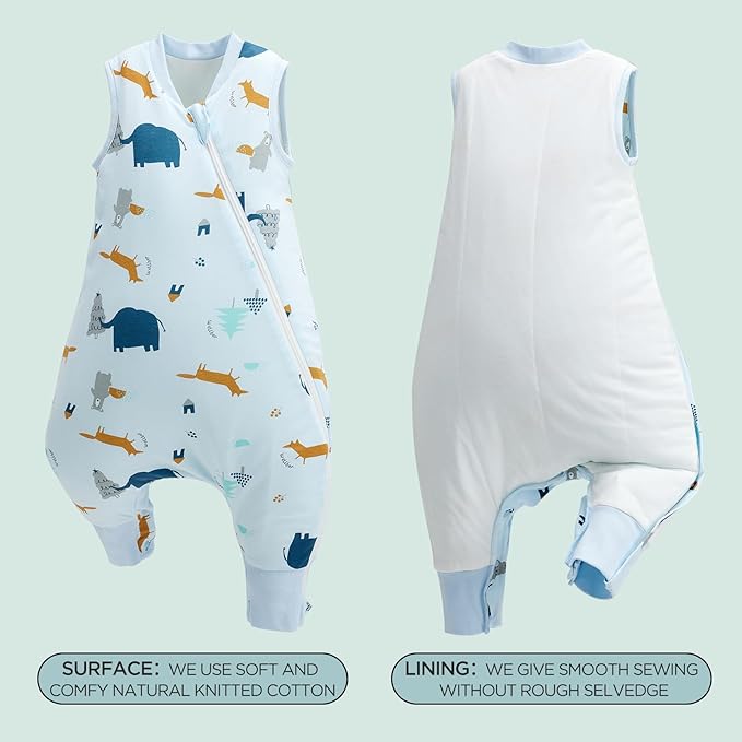 Duomiaomiao 1.5 TOG Toddler Sleep Sack 6-12 Months 100% Cotton Four Season Side Open Zipper Baby Sleep Sack with Feet, Breathable Toddler Wearable Blanket