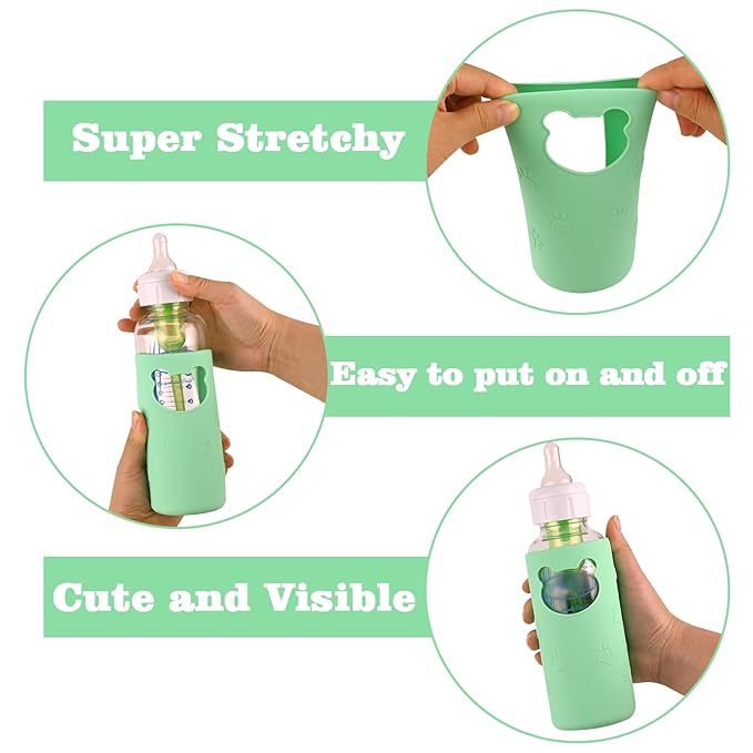 4 Pack Silicone Sleeves for Dr Brown's Glass Baby Bottles, Anti Breakage Baby Bottle Holder, Compatible Dr. Brown's Natural Narrow Glass Baby Bottles 8 oz, BPA Free (White+Blue+Green+Yellow)