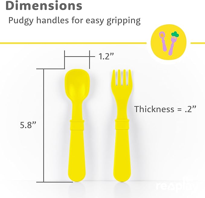 Re-Play Toddler Forks and Spoons Set - 4x4 Utensils Set for Kids - Dishwasher and Microwave Safe - Made in USA - Set of 8-5.8" x 1.2" x 0.2" - Aqua Asst
