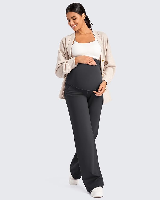 G4Free Fleece Lined Maternity Yoga Pants Over The Belly Stretchy Wide Leg Warm Pregnancy Work Trousers with Pockets