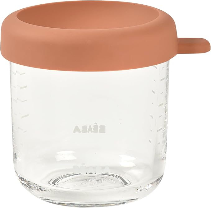 BEABA 8 oz Glass Baby Food Jars with Soft Silicone Air Tight Lids, Glass Storage Containers with Lids, Microwave and Freezer Safe Containers, Terracotta