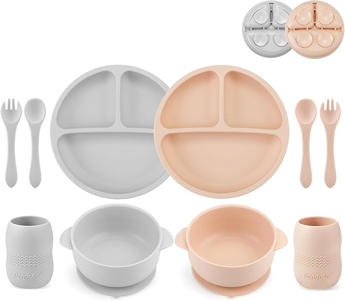 PandaEar Silicone Baby Feeding Set| 2 Divided Suction Plate + 2 Suction Bowl + 2 Tiny Cup with 2 Spoons| Baby Led Weaning Supplies Self Feeding Utensils (Pink Gray)