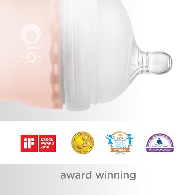 Olababy Gentle Silicone Baby Bottle, Anti-Colic, BPA Free, Easy to Clean and Wide Neck Baby Bottles Best for Breast Feeding Babies 3 Piece Set (4 Ounce 3PK, Coral)