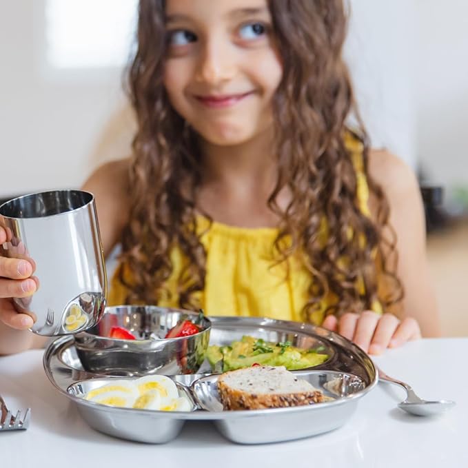 Ahimsa Stainless Steel Kids Dinnerware Set - 5 Piece Toddler Plates and Bowls Set, Pediatrician Designed, Includes Non Toxic Toddler Plate and Bowl, Kids Utensils and Cup (Classic Stainless Steel)