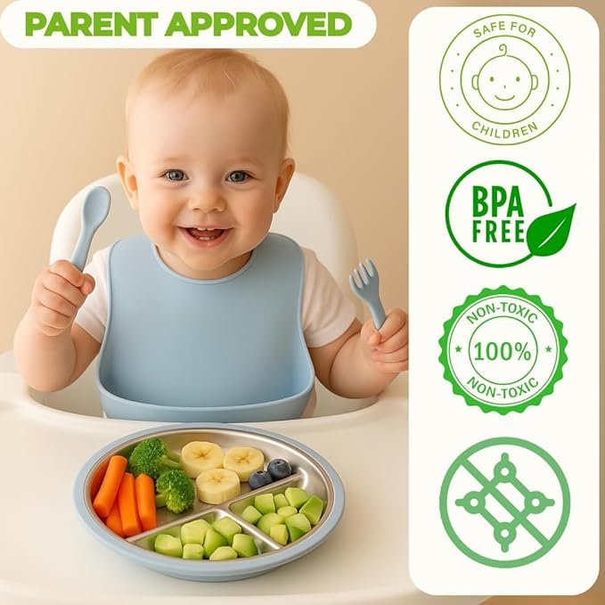 Stainless Steel Toddler Plate with Suction Set of 2, 8” Divided Plates with Removable Silicone Sleeves for Kids, Non Toxic & BPA Free | Non Slip | Unbreakable Baby Dishes, (Butter Yellow & Baby Blue)