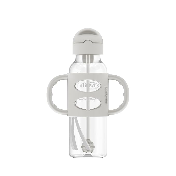 Dr. Brown's Milestones Narrow Sippy Straw Bottle, Spill-Proof with 100% Silicone Handles and Weighted Straw, 8 oz/250 mL, Gray & Blue, 6m+