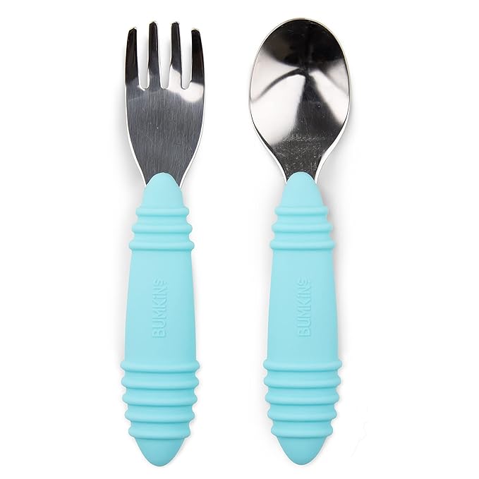 Bumkins Toddler Utensils, Kids Size Fork and Spoon Set, Silicone and Stainless-Steel Training Silverware, Angled Forks / Sporks for Self-Feeding, Children Hold Learning to Eat, 18 Months Up, Blue