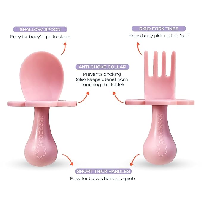 Grabease Baby Feeding Utensils Set - Travel Case for To-Go Toddler Containers - Choke-Guard for Baby Led Weaning Forks - Dishwasher Safe Toddler Spoon - Plastic, Blush, Pack of 1
