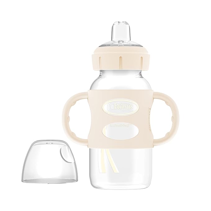 Dr. Brown's Milestones Wide-Neck Sippy Spout Bottle with 100% Silicone Handles, Easy-Grip Handles with Soft Sippy Spout, 9oz/270mL, Black & Ecru, 2-Pack, 6m+