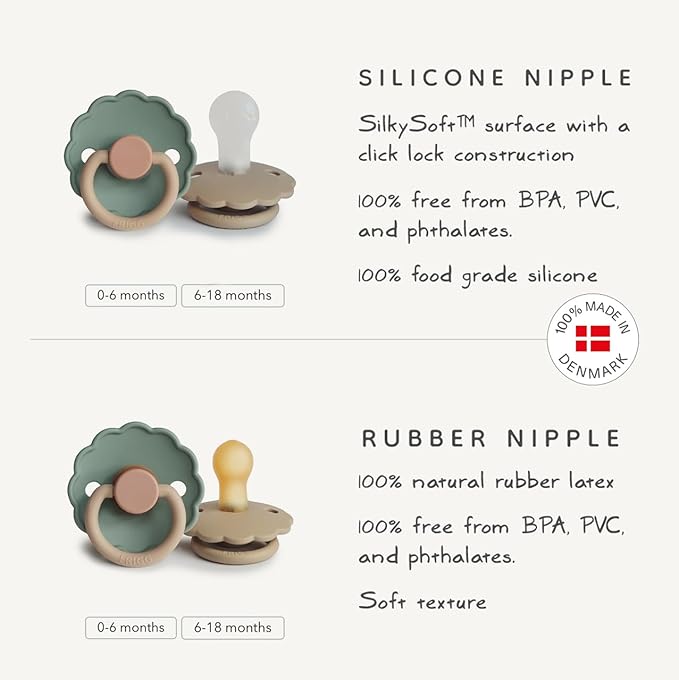 FRIGG Daisy Night SilkySoft Silicone Baby Pacifier | Made in Denmark | BPA-Free (Portobello/Croissant, 0-6 Months)