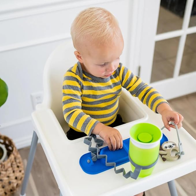 BUSY BABY Silicone Mat Bundle - 1 Original Mat Plus 1 Mini Mat, New Stronger Suction Cups, 6 Straps to Secure Baby Essentials and Keep Them Off The Floor, Baby Led Weaning, Wet Bag Included (Blue)