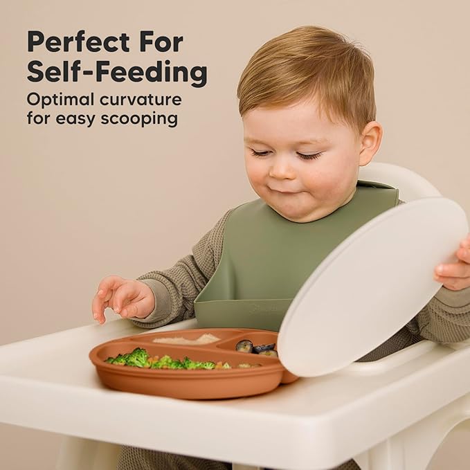 KeaBabies Suction Plates with Lids for Baby - 3-Pack 100% Silicone Toddler Plates with Suction, Divided, BPA-Free Baby Led Weaning Essentials for Kids, Dishwasher, Microwave Safe, Durable (Terracotta)