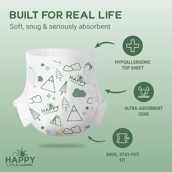 Happy Little Camper Super Saver Diapers, Size 2, 100 Count | Budget-Friendly Disposable Baby Diapers for Sensitive Skin | Hypoallergenic, Fragrance-Free, Ultra Absorbent