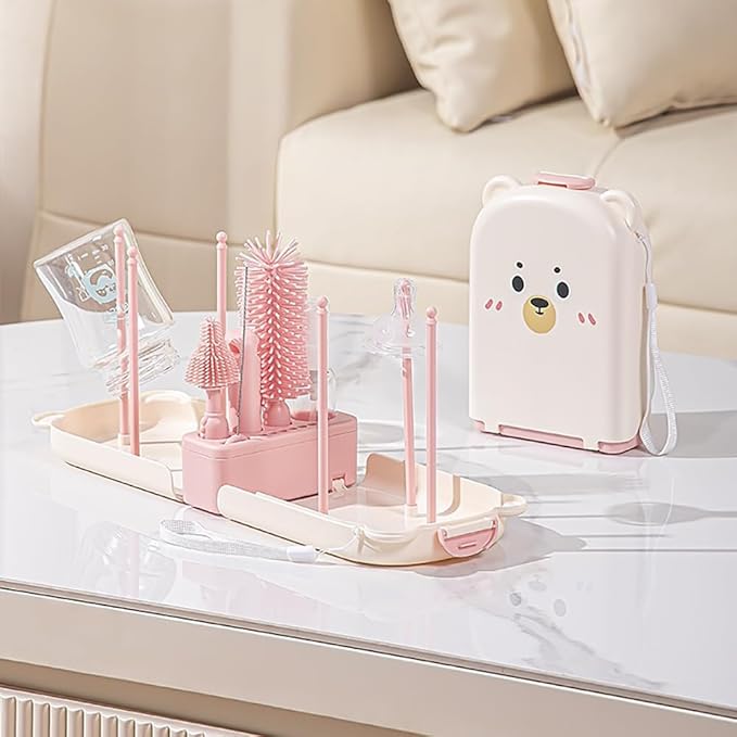 6 In1 Baby Bottle Brush Kit,Portable Silicone Bottle Brush Cleaner Set with Straw Brush,Nipple Brush,Drying Rack,Soap Dispenser,Storage Bag for Travel or Home (Pink)