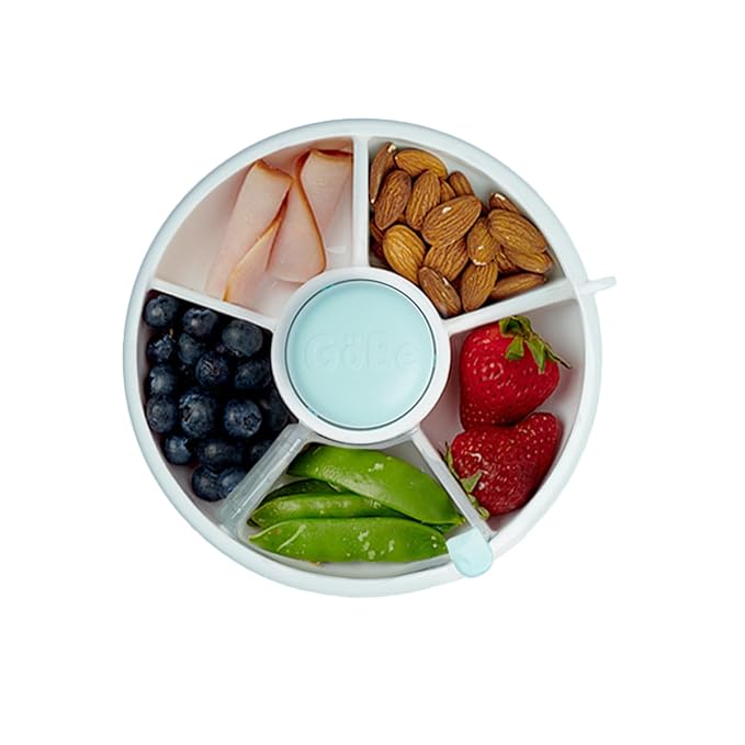 GoBe Kids Small Snack Spinner Flip Bundle with Hand Strap and Sticker Sheet - Reusable Snack Container with 5 Compartment Dispenser and Lid | BPA/PVC Free | Dishwasher Safe | No Spill- Macaron Blue